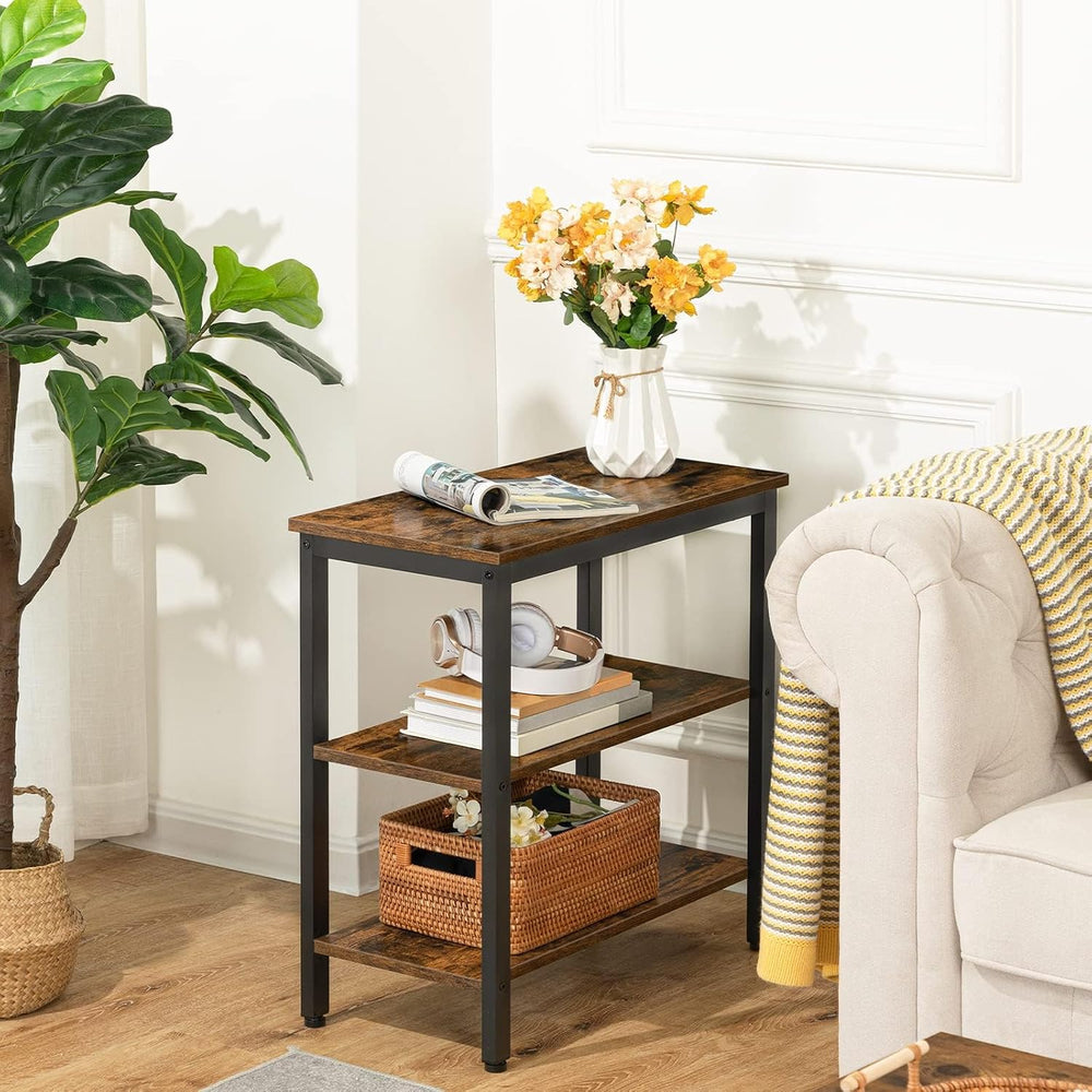 HOOBRO End Table, Simple Rustic Side Table with 3-Tier Storage Shelf, Narrow ...