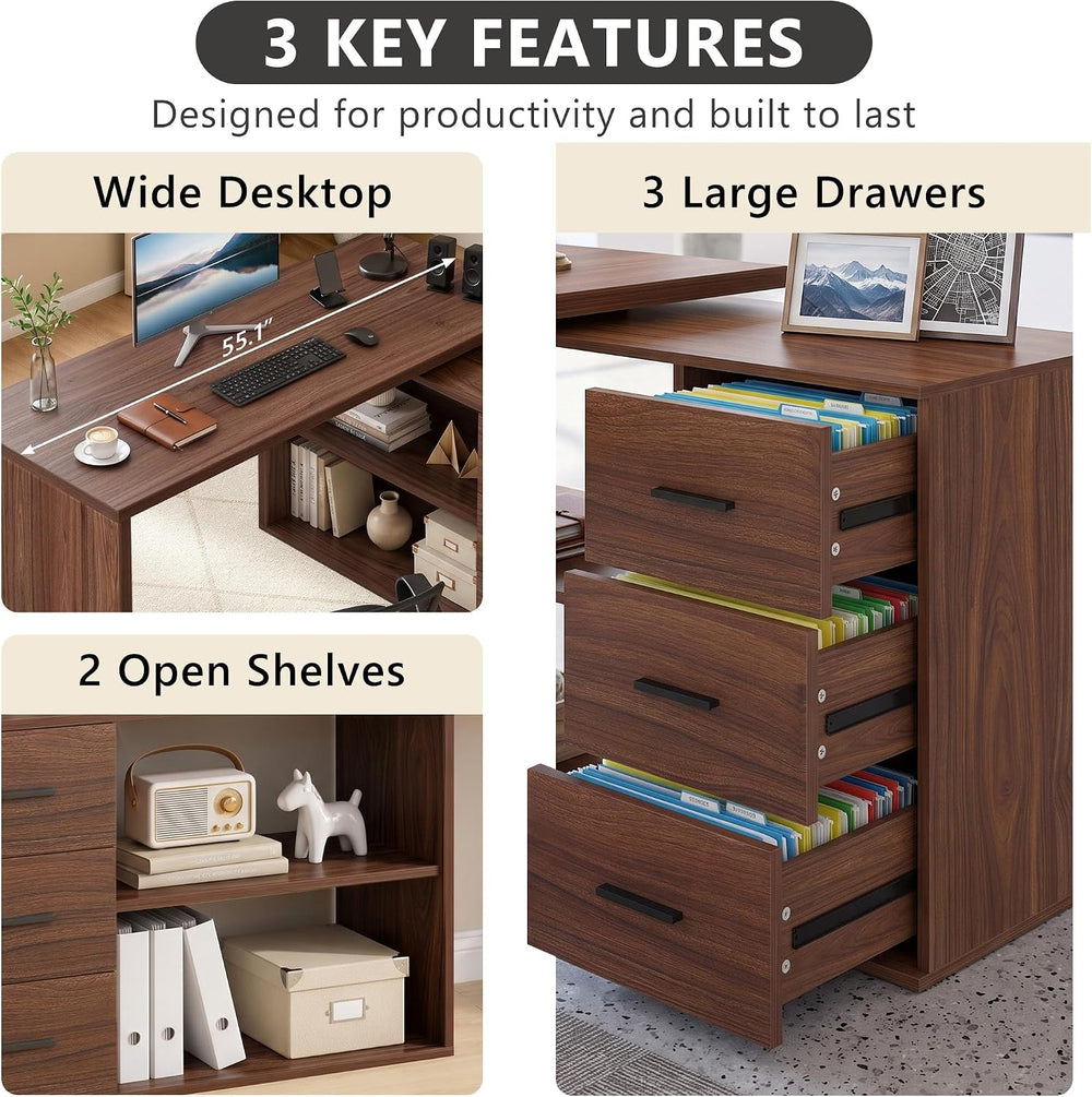 HSH Walnut L Shaped Desk Corner Desk with 3 Storage Drawers 55 inch
