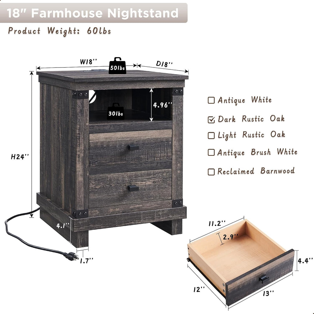 18" Farmhouse Nightstand Set of 2 with Charging Station, Dark Rustic Oak