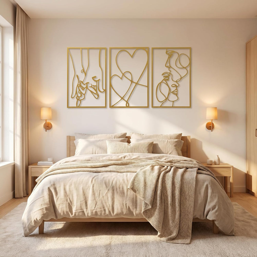 AMAATE 3Pcs Gold Romantic Couple Heart Hollow Metal Wall Sculpture Art