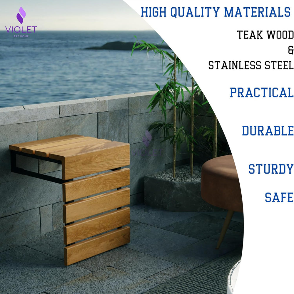 Folding Wall Mounted Teak Wood Handmade Shower Seat, Inside Shower Bathroom S...