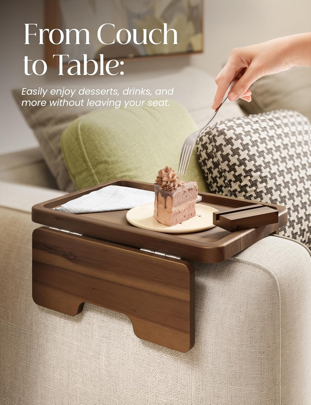 HOLANA 15.75" Acacia Couch Armrest Table with Phone Holder, Walnut Color