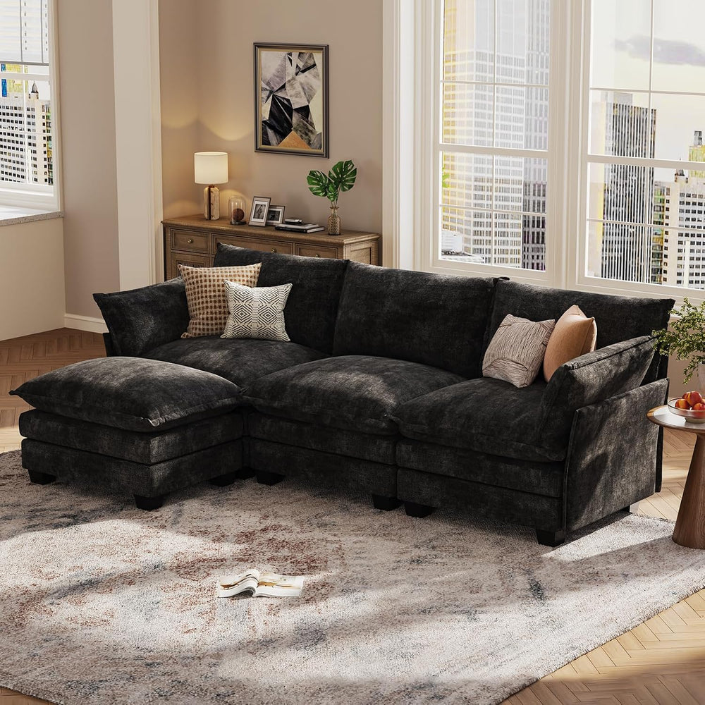 KKL Modular Sectional Sofa, L-Shaped 4 Seater Cloud Couch with Ottoman, Cheni...
