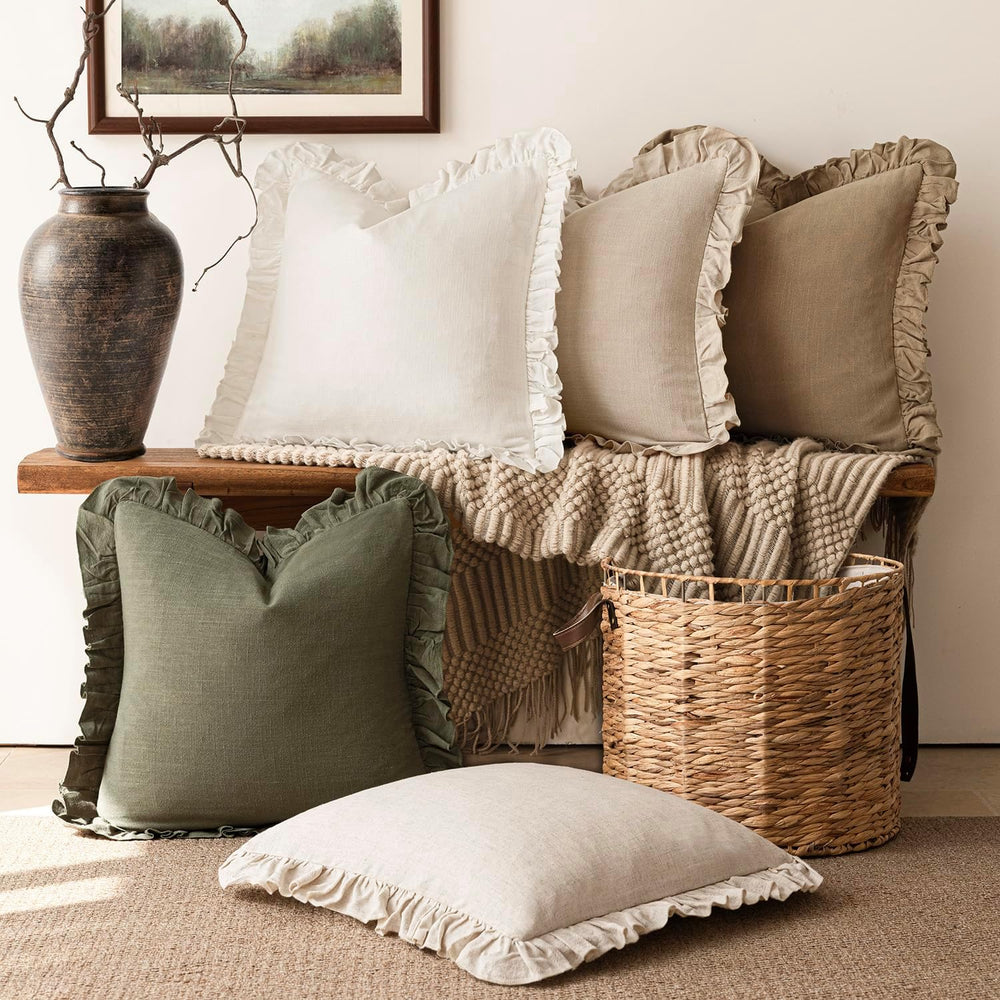 Foindtower Linen Fringe Ruffle Throw Pillow Covers 24×24 Inch Olive Green