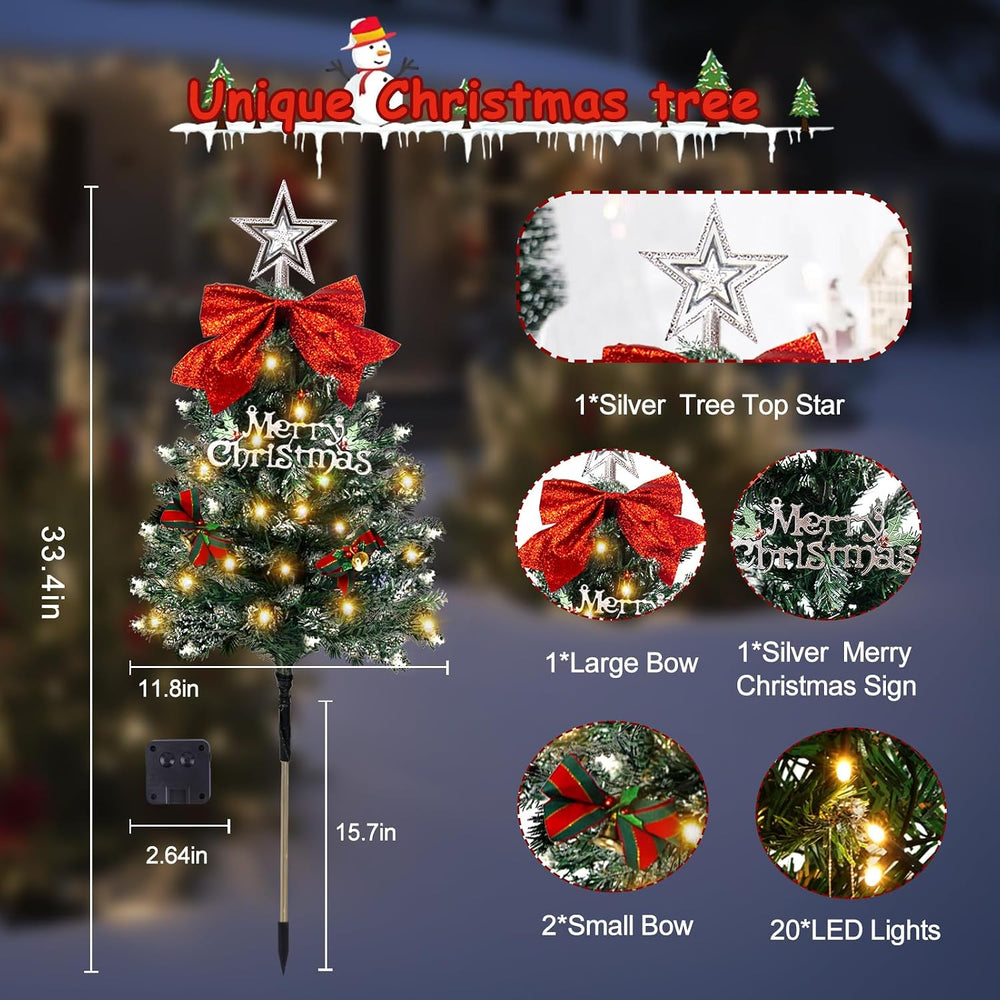 Christmas Tree Solar Pathway Lights Outdoor Decor, 4 Pack, Snowy