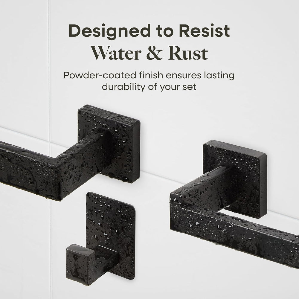 Black Bathroom Hardware Set, 5-Piece + 15.7" Shelf & 2 Adhesive Robe...