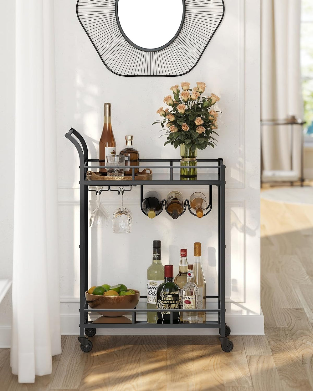 VASAGLE Bar Cart with 2 Mirrored Shelves, Wine Holders, Glass Holders