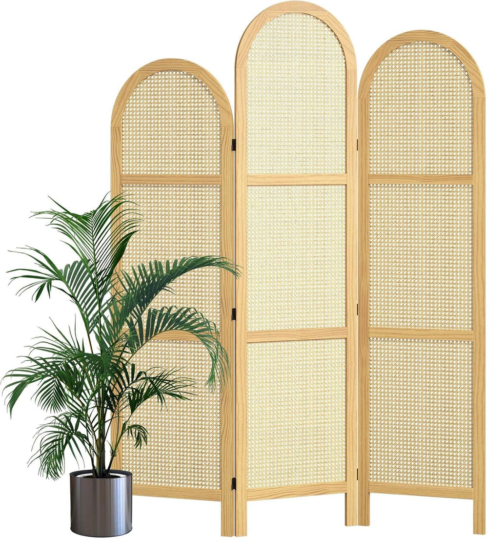 3-Panel Hand-Woven Rattan Room Divider, Tall Foldable Privacy Screen with Woo...