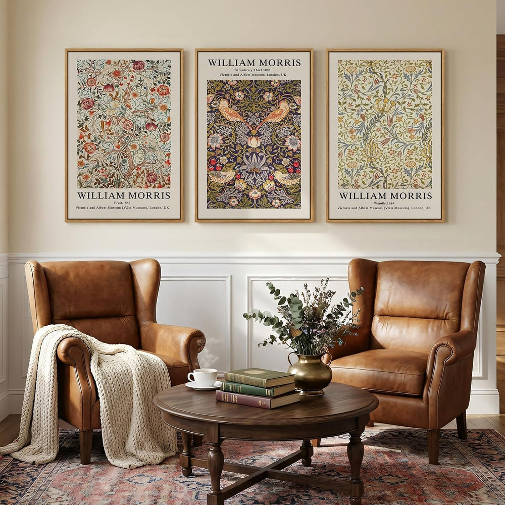 Large Framed William Morris Strawberry Thief Canvas Wall Art, Set of 3