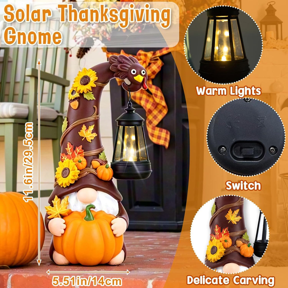 Thanksgiving Fall Turkey Pumpkin Gnome Statue with Solar Lights
