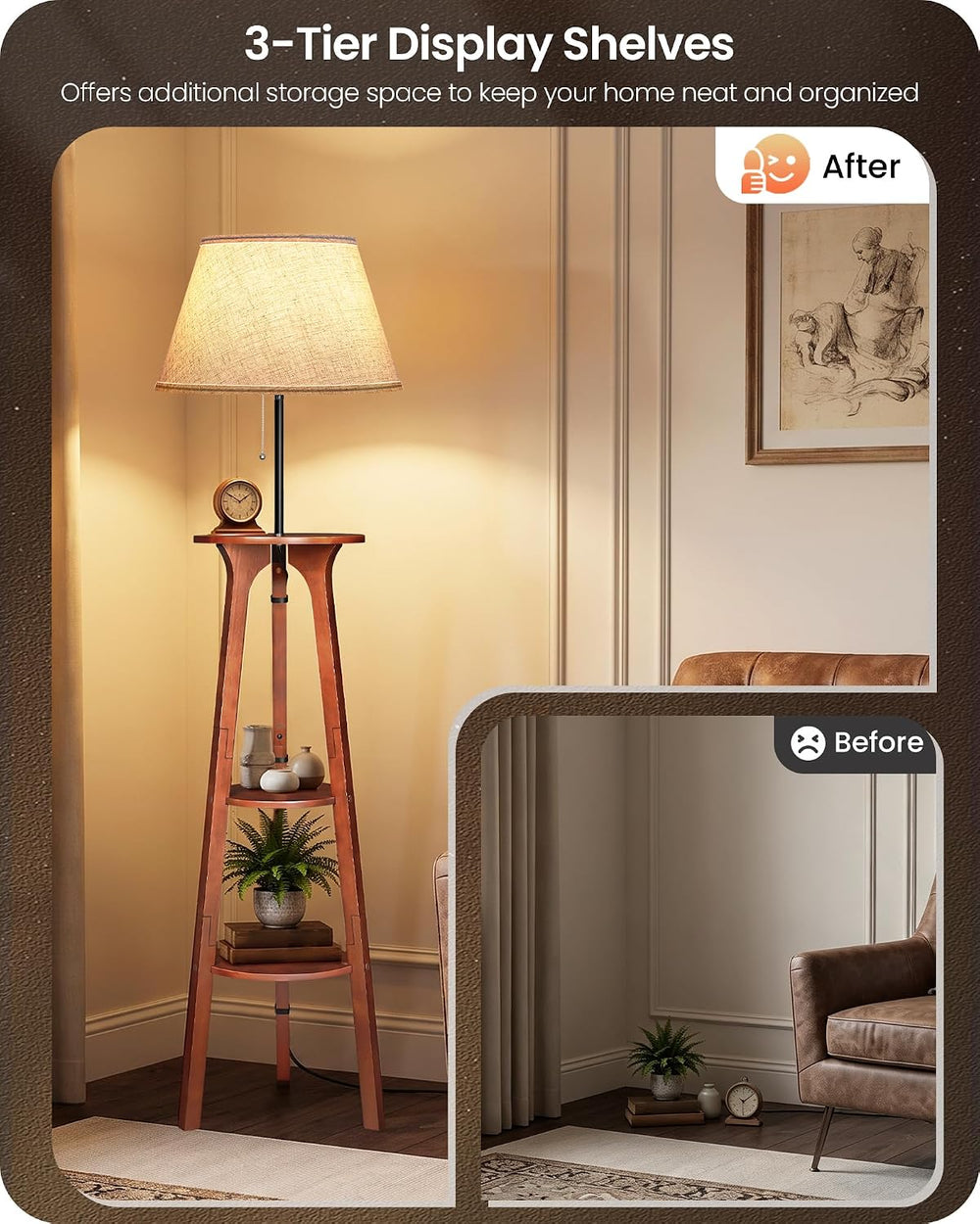 3 Tier Shelf Floor Lamps, Wood Tripod Floor Lamp, Linen Lampshade