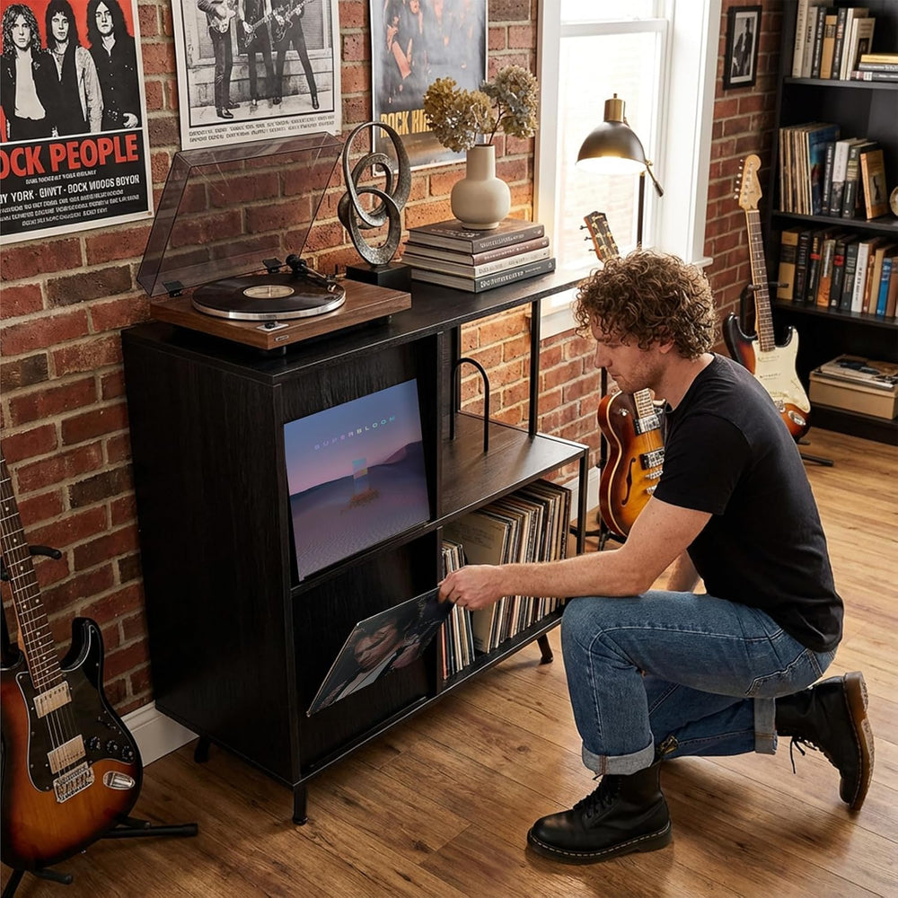 Faesun 3 Tier Record Player Stand with Flip-Down Record Shelf, Black