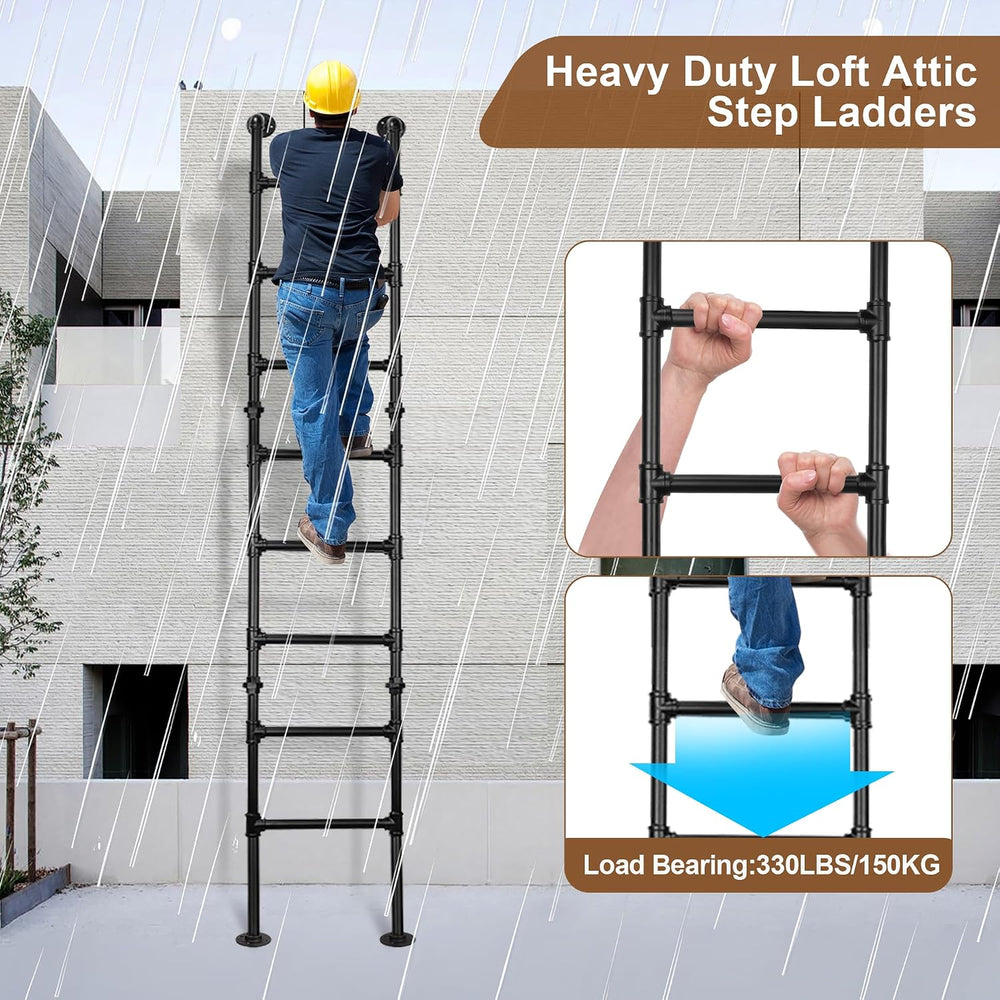 7FT/213cm Metal Ladder for Loft Attic, 7-Rung Wall Floor Mounted