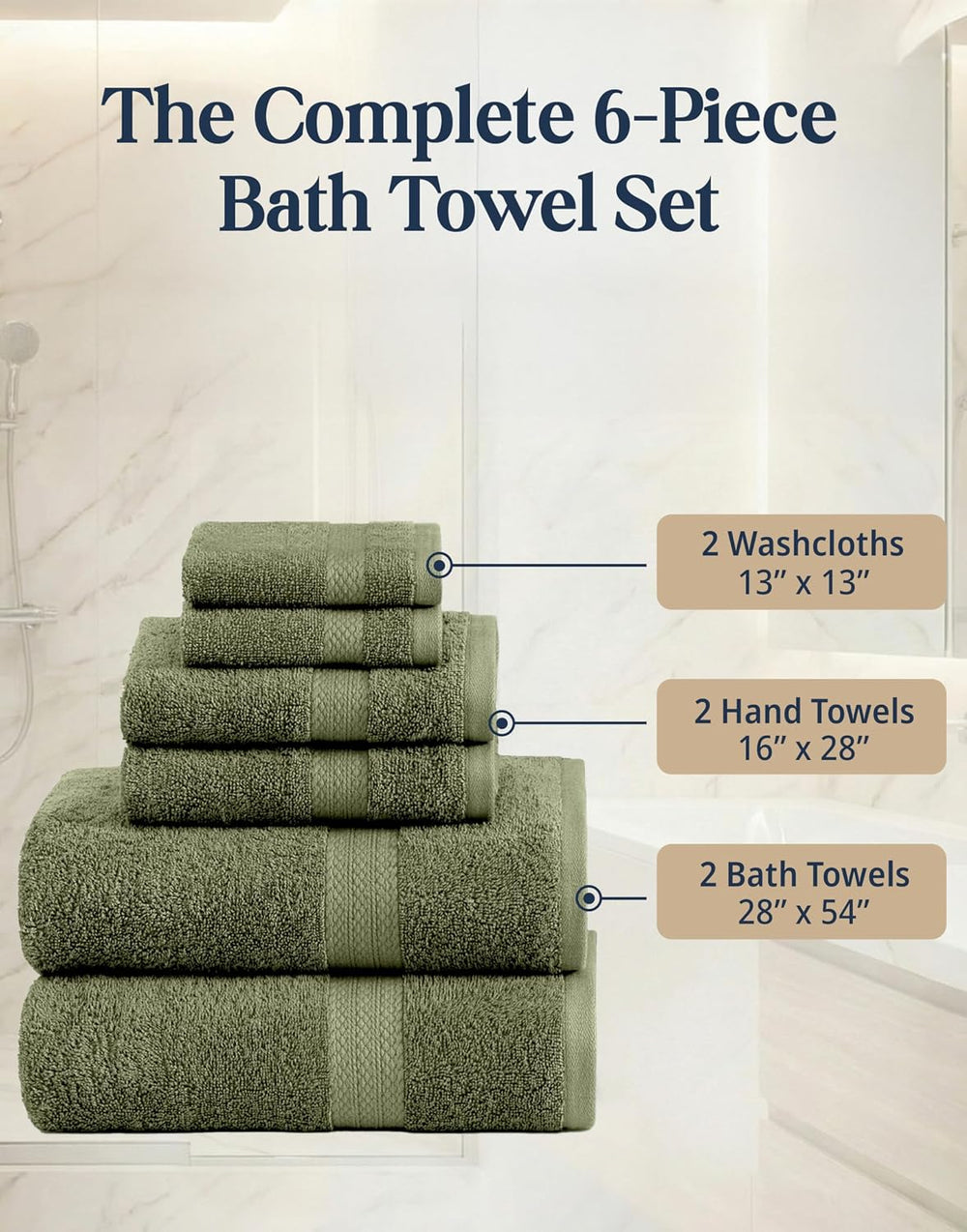 LANE LINEN Bath Towel Set 100% Cotton 6 Piece Soft Absorbent - Oil Green
