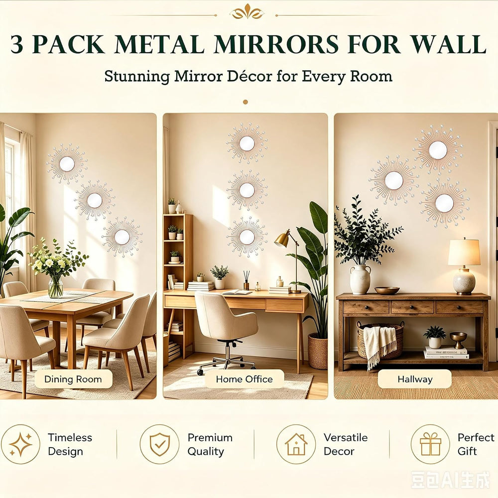 3 Pack Metal Mirrors for Wall Sunburst Wall Mirror Rose Gold Crystal Décor