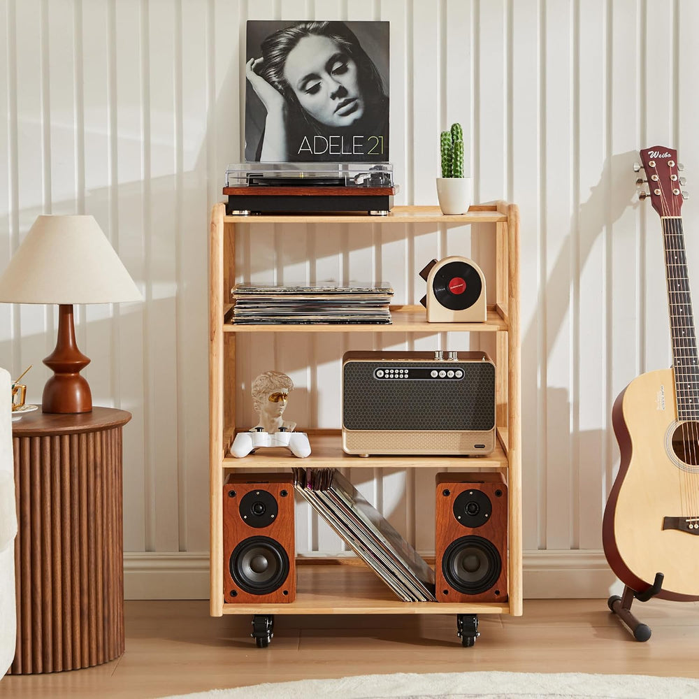 Solid Wood AV Media Stand, 4-Tier Audio Rack with Lockable Casters
