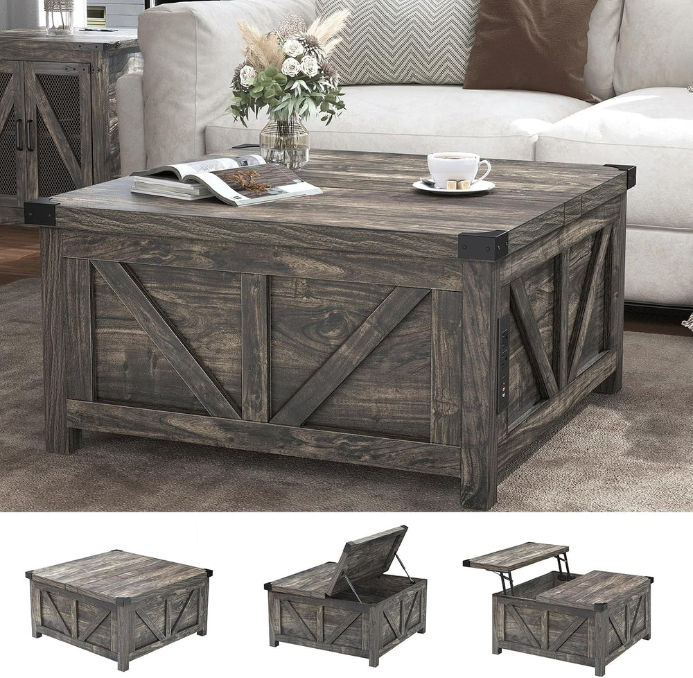 jimeimen 35.6" Farmhouse Lift Top Coffee Table with Storage, Square Coff...