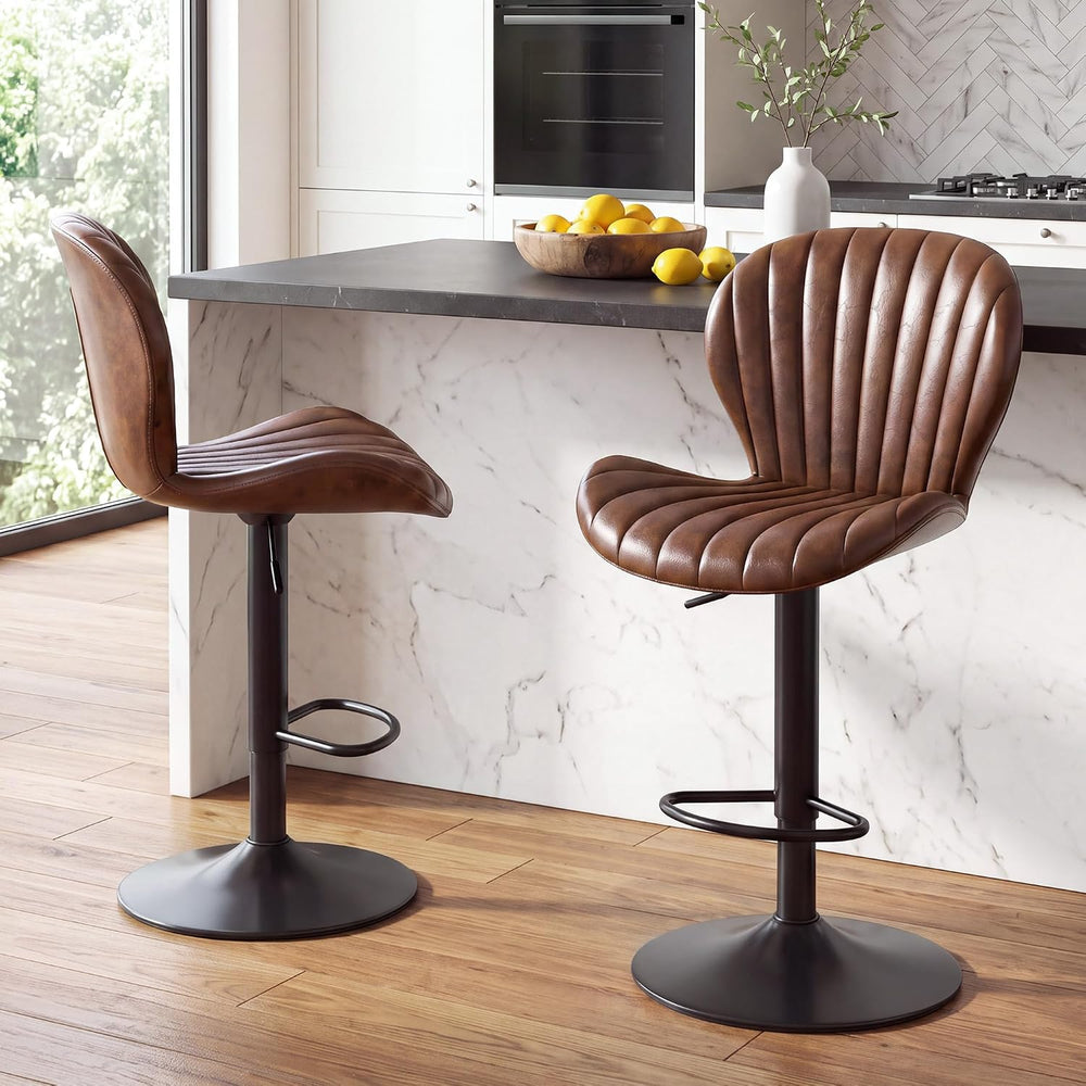 LIVELYGLOW Bar Stools Set of 2, PU Leather Chairs for Kitchen Red Brown