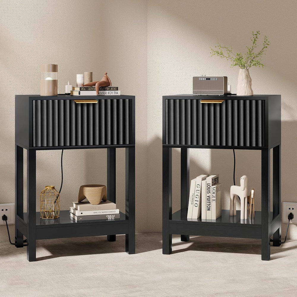 Nasonet Night Stand Set 2, Fluted Nightstand with Charging Station, Wood Beds...