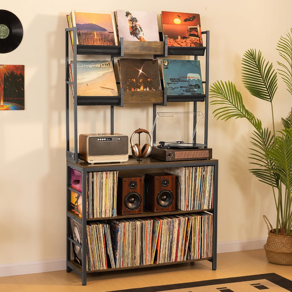 Aquzee Large Record Player Stand, Vinyl Record Stand with Charging Station