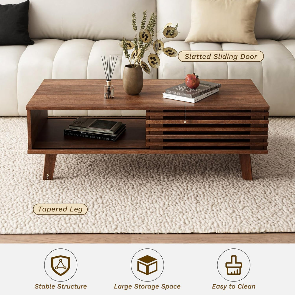 MAISONARIA Mid Century Coffee Table with Storage & Sliding Fence Door, Mo...