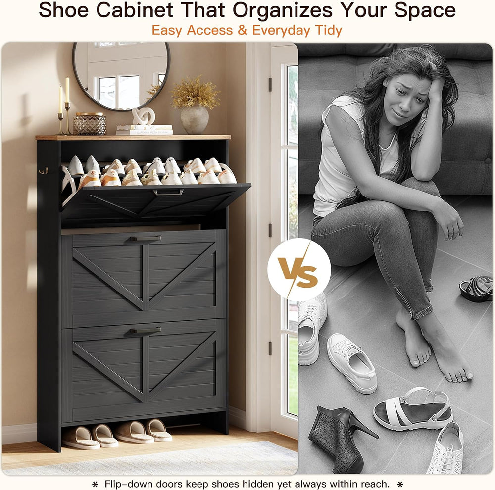 Nicetree Shoe Storage Organizer with 3 Flip Drawers, Freestanding Fluted Acce...