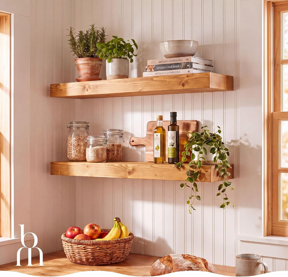3 Inch Thick Floating Shelves, Solid Pine Wood, 8 Inch Deep, Set of 2