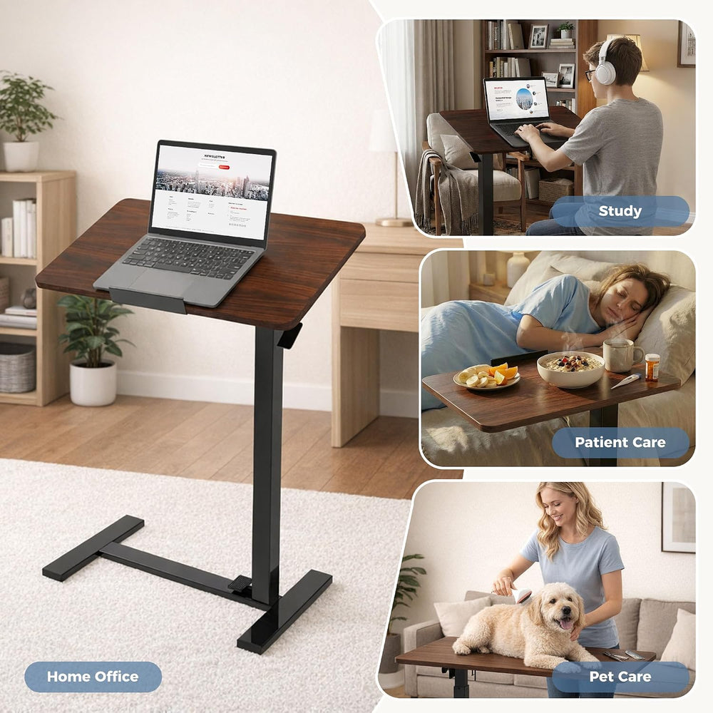 DUMOS Overbed Table with Wheels, Height-Adjustable Bedside Table, Brown