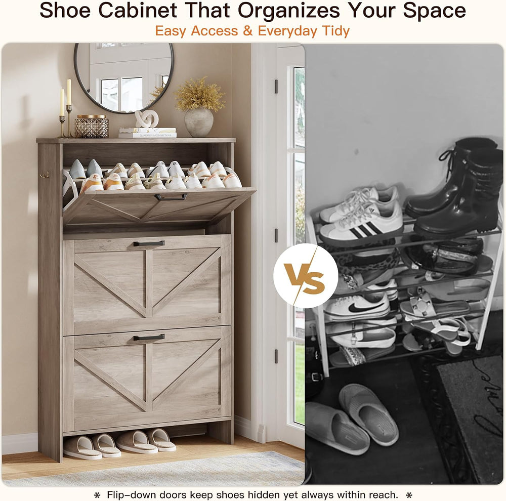 Nicetree Farmhouse Gray Shoe Cabinet – Ultra Slim 3-Drawer Flip Organizer wit...