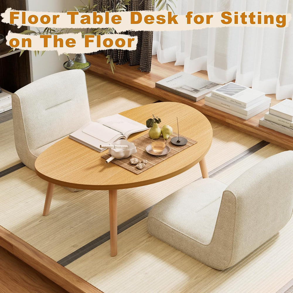 Coffee Table, 31.5" Low Coffee Tables with Solid Wood Legs Kidney Natural