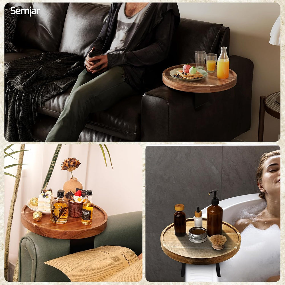Acacia Wood Couch Arm Tray Table,Anti-Slip Adjustable Round Sofa Arm Tray,Woo...