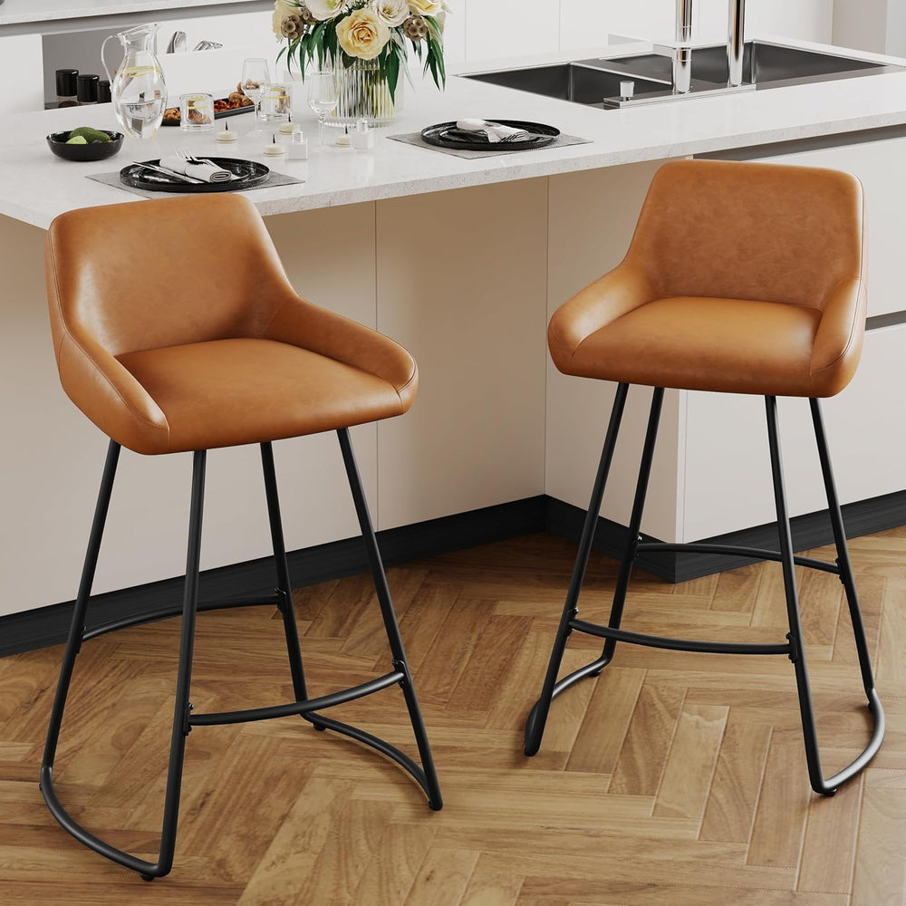 Alunaune 26inch Barstools Set of 2, Mid Century Faux Leather Counter Height B...