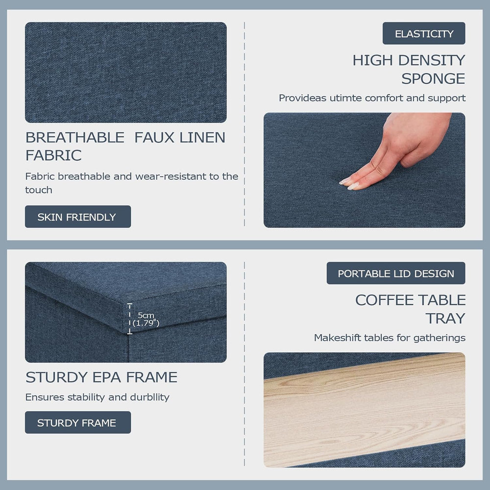 PINPLUS Folding Storage Ottoman Bench with Tray, Dark Blue