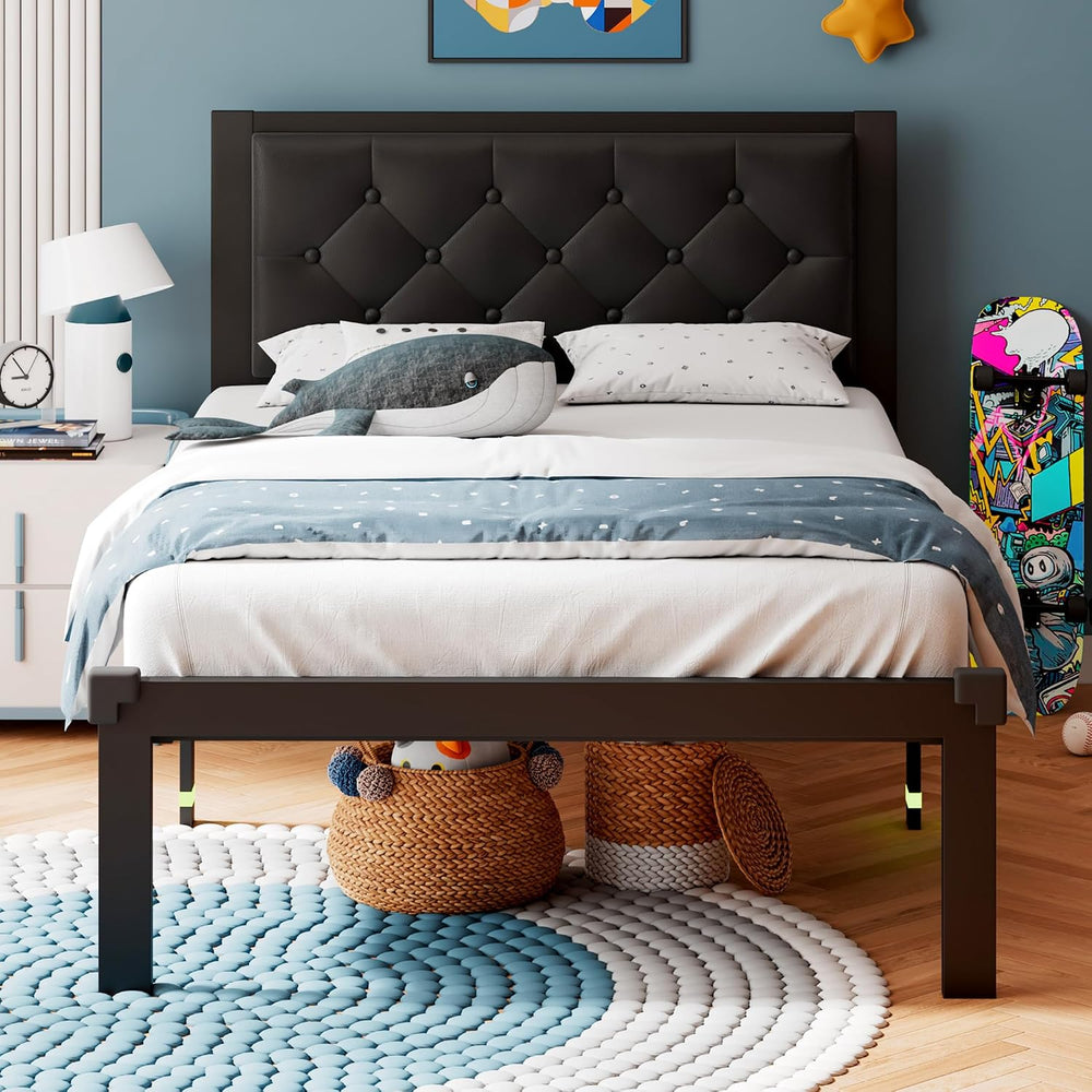 iPormis Twin Size Metal Bed Frame, Faux Leather Platform Bed Frame with Butto...