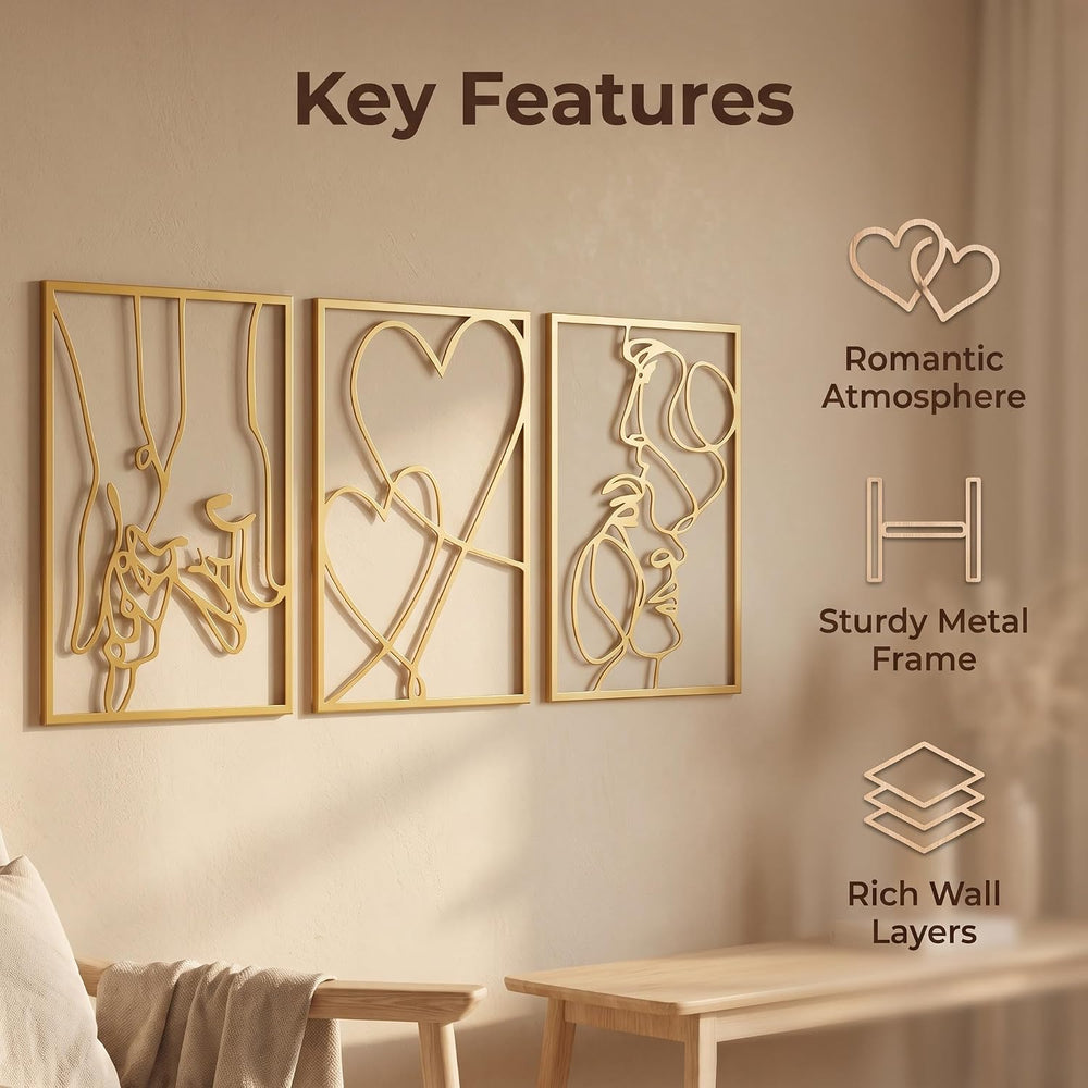 AMAATE 3Pcs Gold Romantic Couple Heart Hollow Metal Wall Sculpture Art