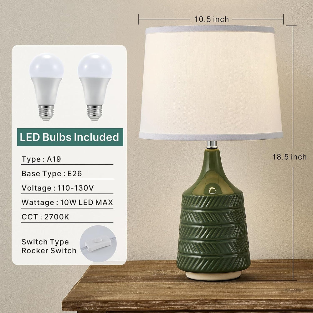 Green Ceramic Table Lamps Set of 2, 18.5" Modern Bedside Lamps for Night...