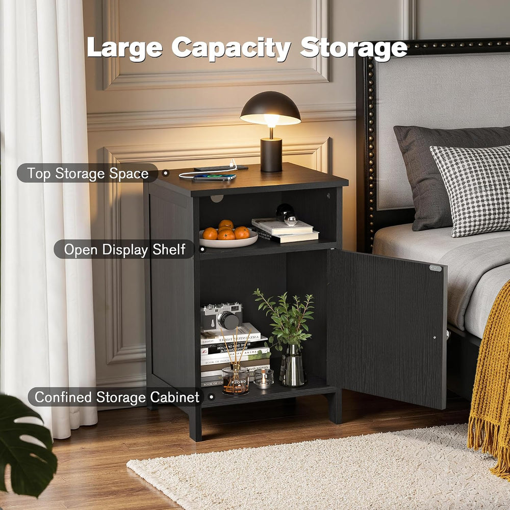 Night Stand with Charging Station, Farmhouse Nightstand with Open Shelf, Beds...
