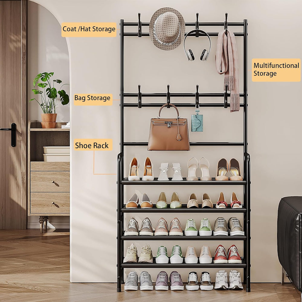 Coat Rack Shoe Rack With Storage Hooks Standing Organizer 4 Tier
