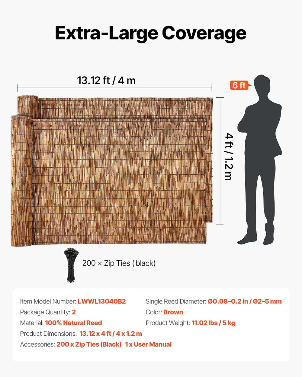 VEVOR Natural Reed Fencing, 4 ft x 13.12 ft, 2 Pack Decorative Natural Reed F...
