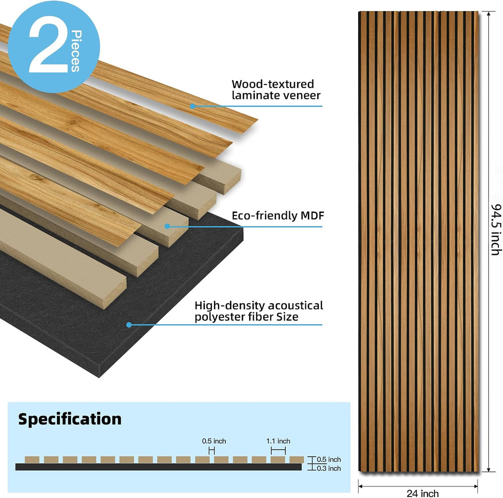 Art3d Acoustic Wood Slat Panels 94.5"x24", 2-Pack, 31sq.ft, Teak