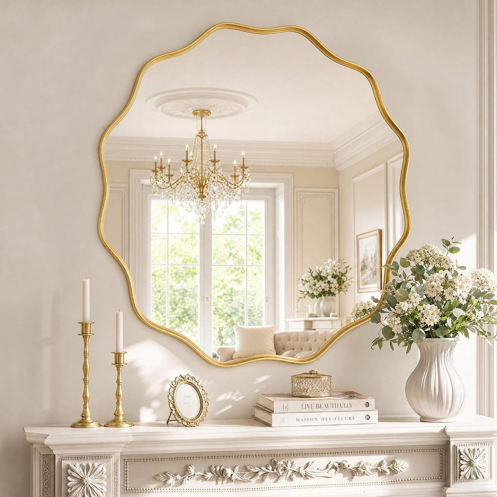 Gold Scalloped Circle Mirror, 42" Wavy Edge Round Wall Mirror