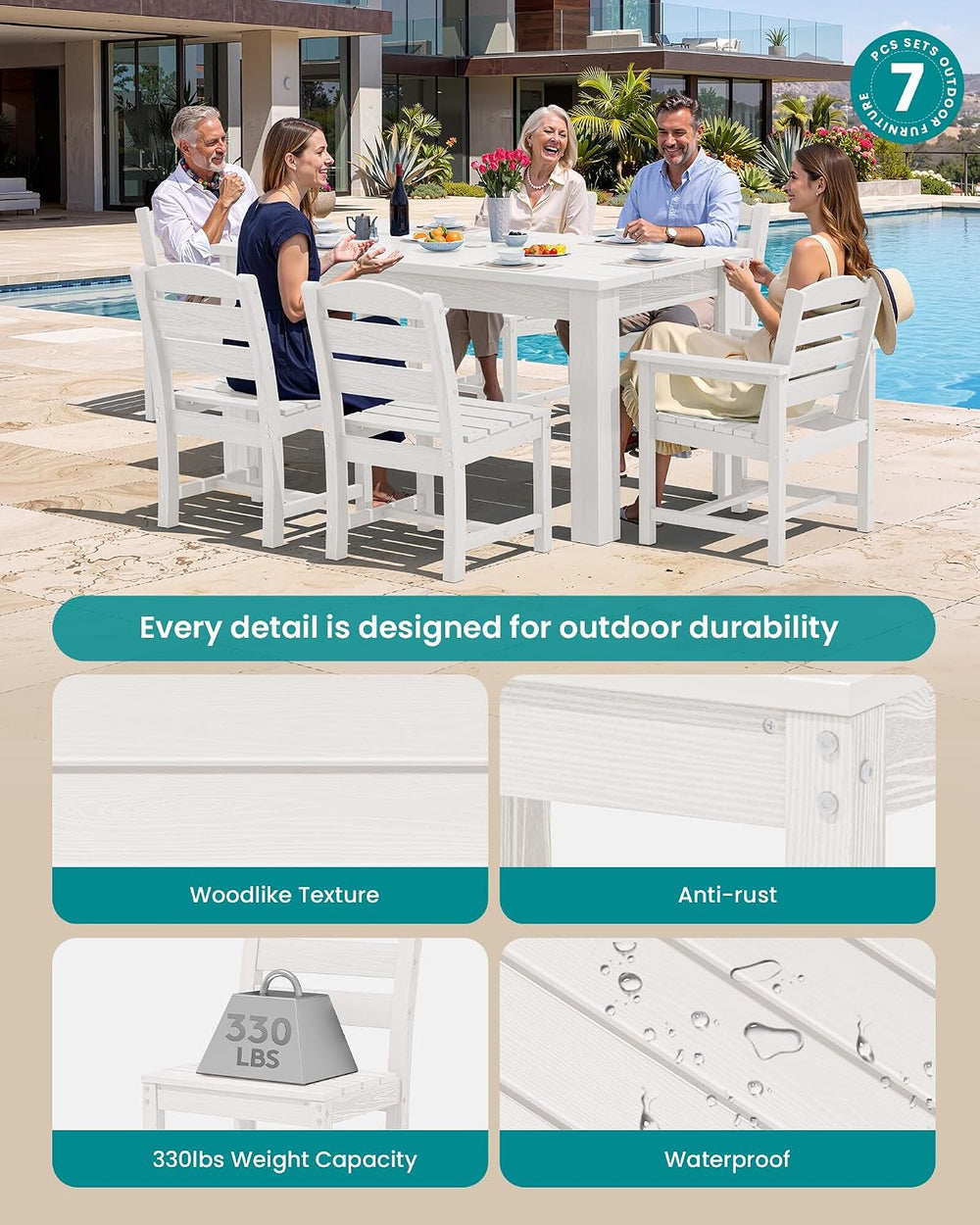 SERWALL 59" Patio Dining Set for 6, w/ 1 Table & 6 Chairs, White