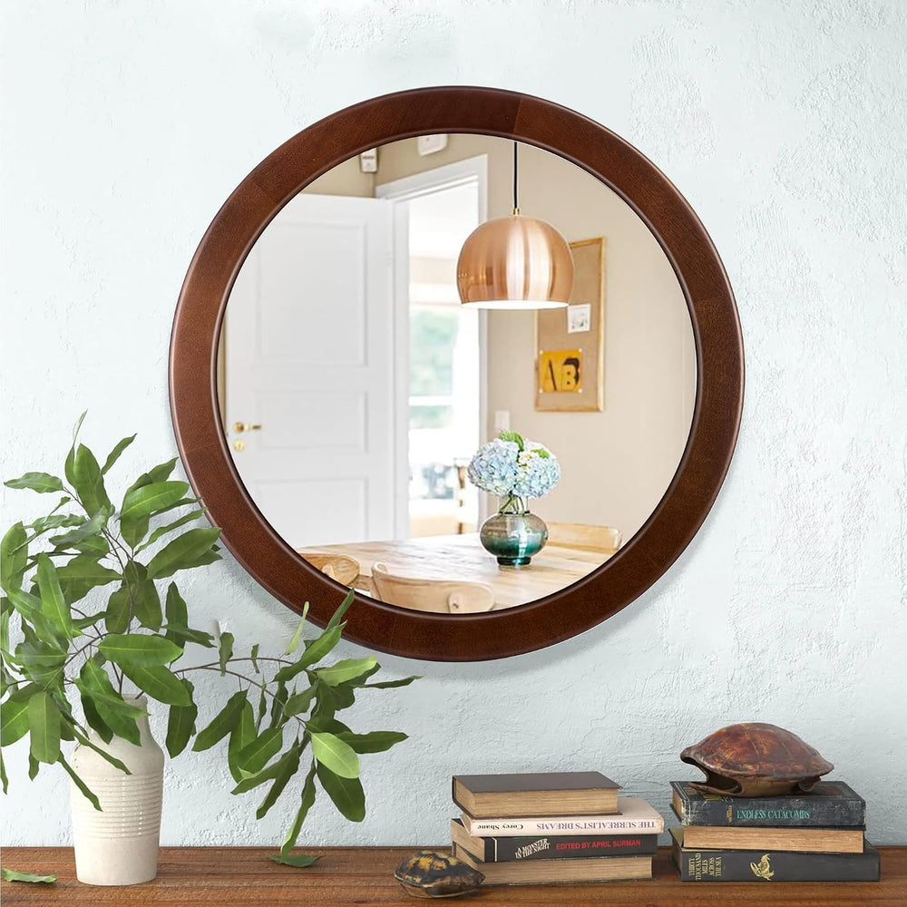 Round Mirrors 30 Inch,Wood Vanity Wall Rustic Mirror With Walnut Frame