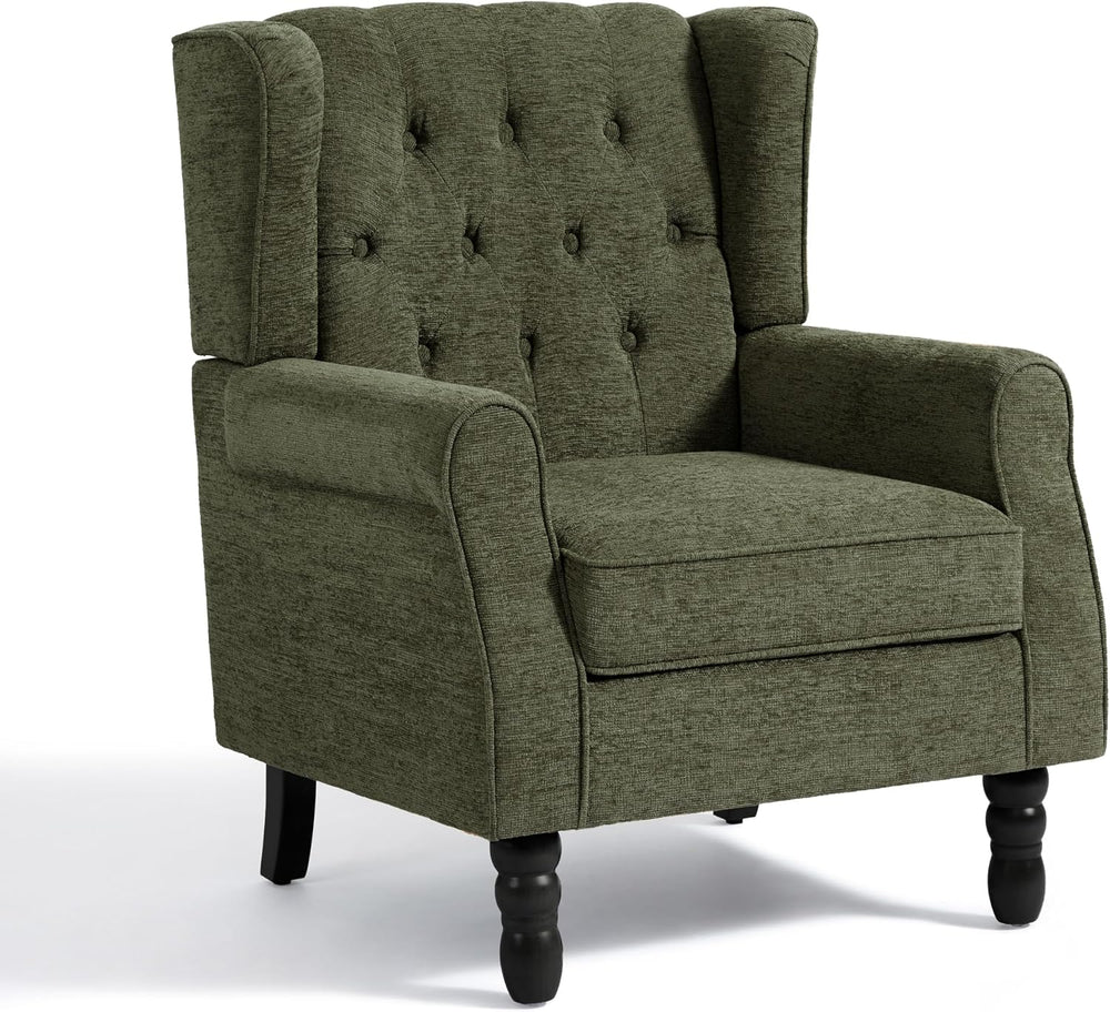 High Back Accent Chair, Fabric Upholstered Wingback Armchair, Green