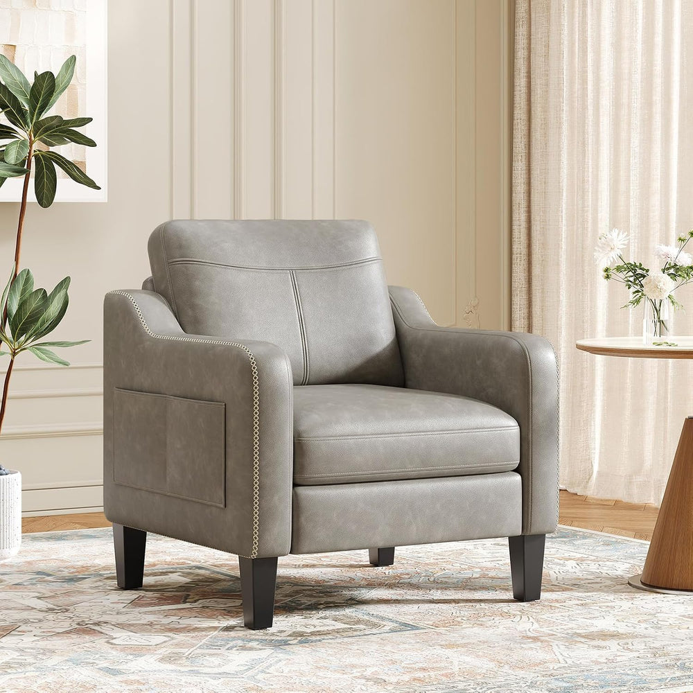 MALOL PU Leather Accent Chair with Solid Wood Frame, Grey
