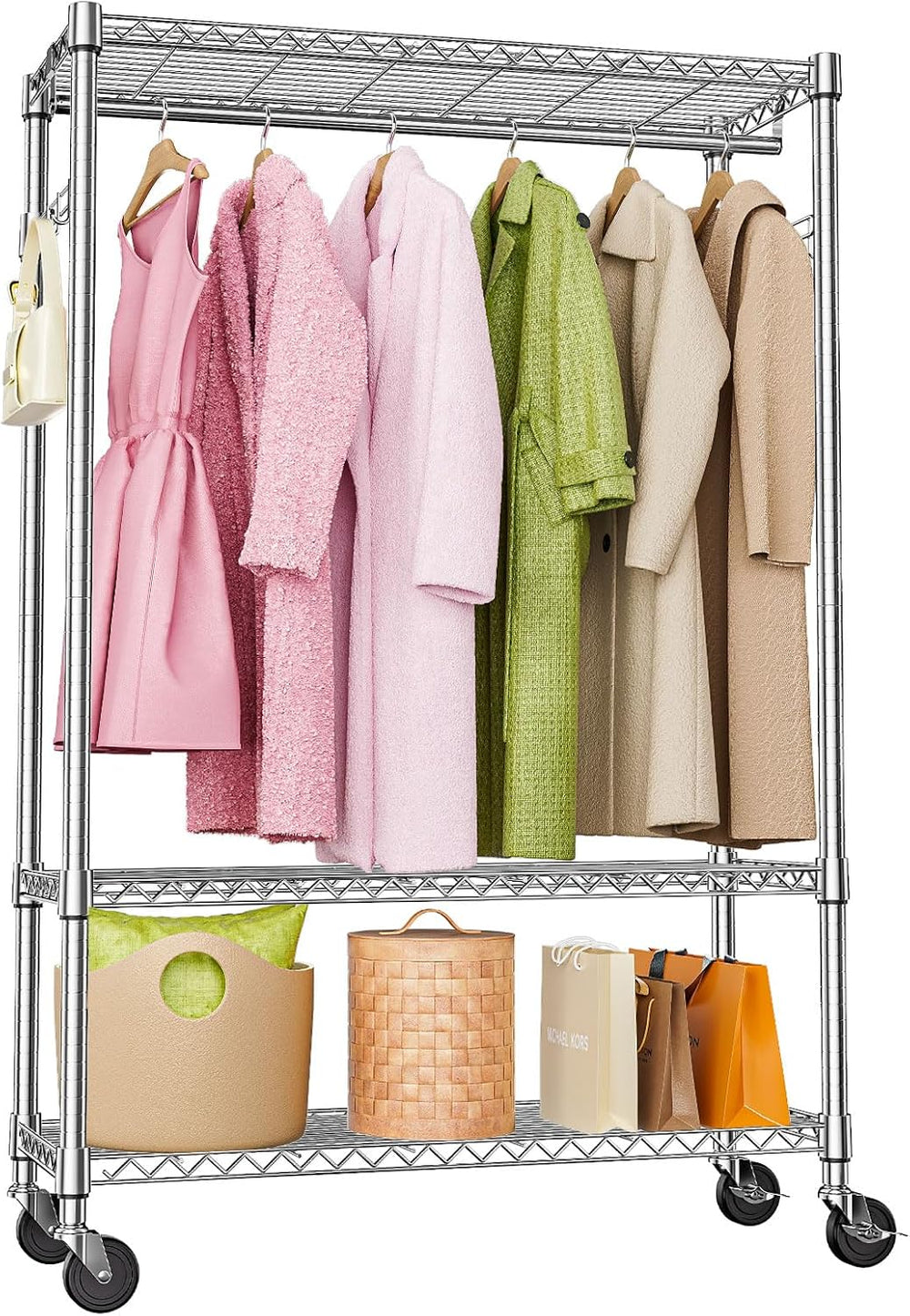 M MZG Heavy Duty Rolling Garment Rack 3 Tiers Adjustable Wire Shelving Clothe...