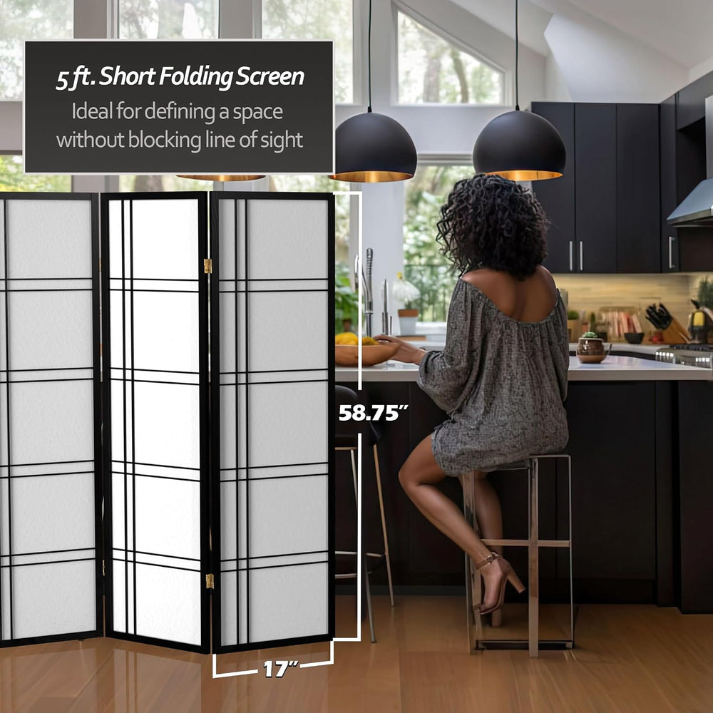 Red Lantern 5 ft. Tall Double Cross Shoji Screen - Black - 3 Panels