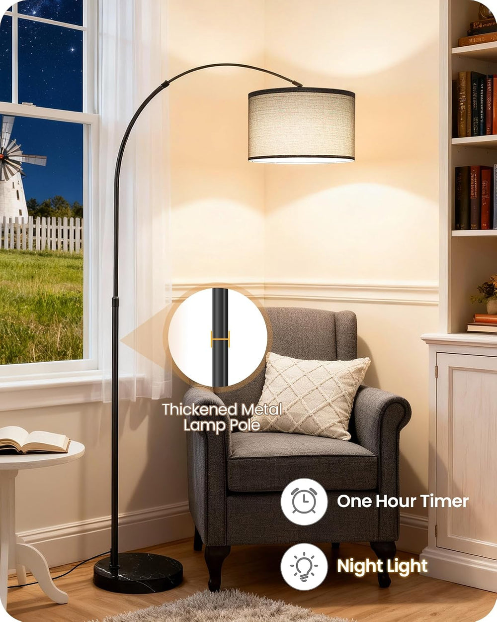 75" Dimmable Gray Arc Floor Lamp with Marble Base and Adjustable Height