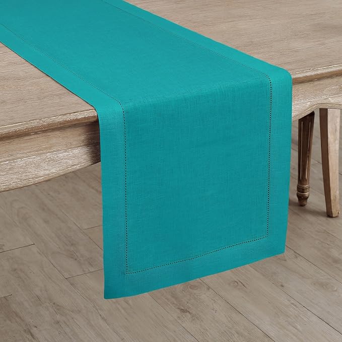Solino Home Linen Teal Table Runner 72 Inches Long - 100% Pure Linen Hemstitc...