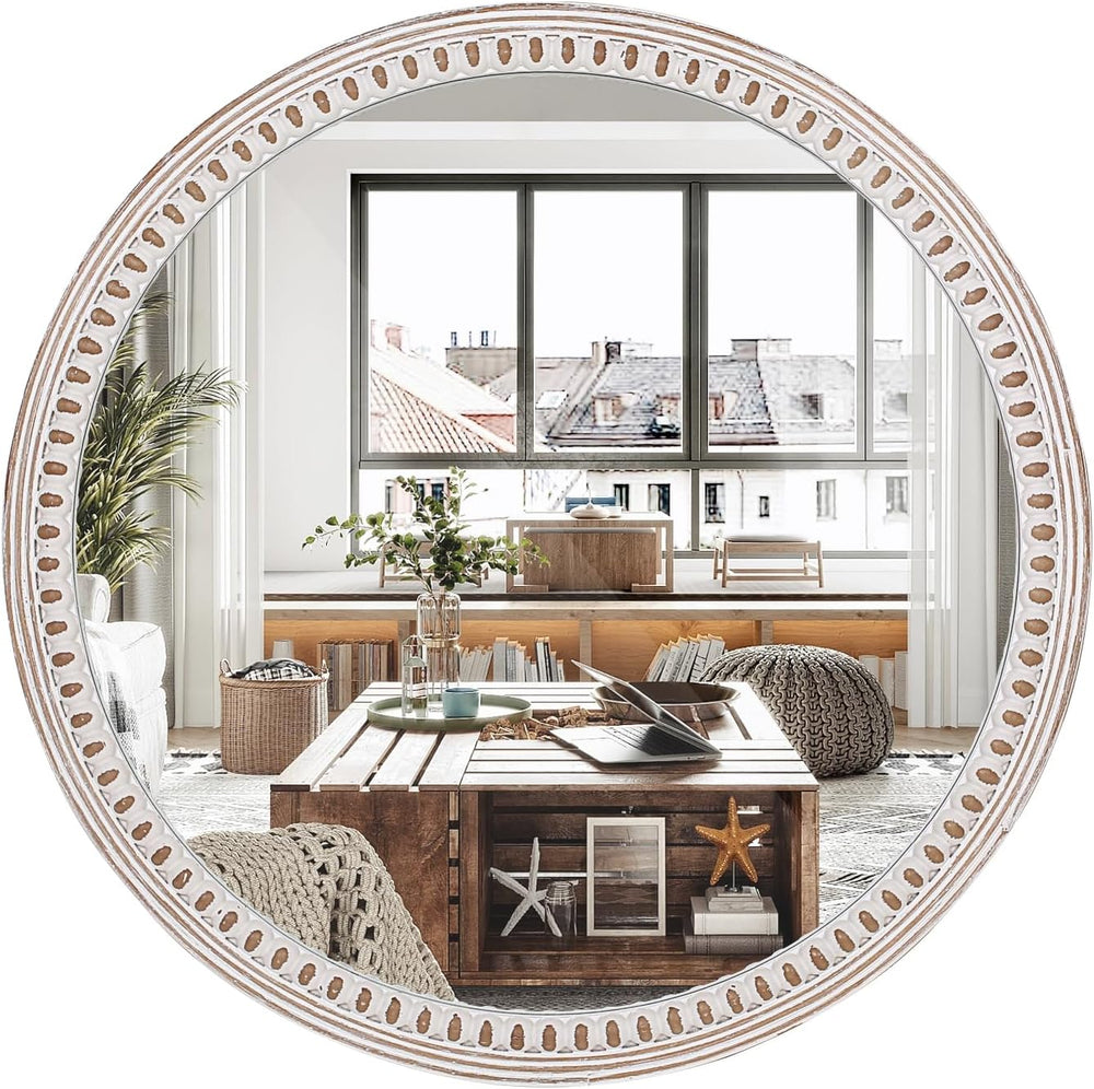 24 Inch Round Wood Mirror, Rustic Farmhouse Circle Mirrors for Wall Decor
